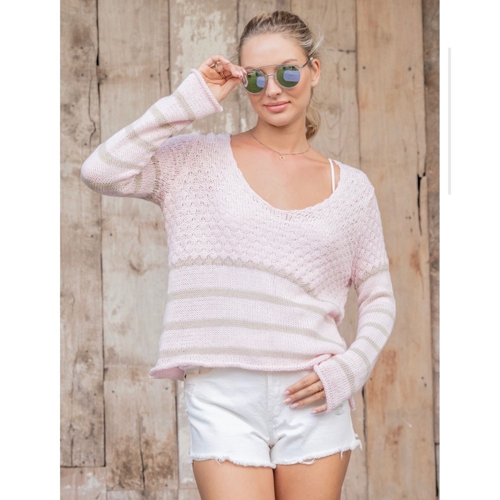 Wooden Ships‎ Faye Striped Cotton Sweater Pink Whim/ Khaki Relaxed Fit Size S/M